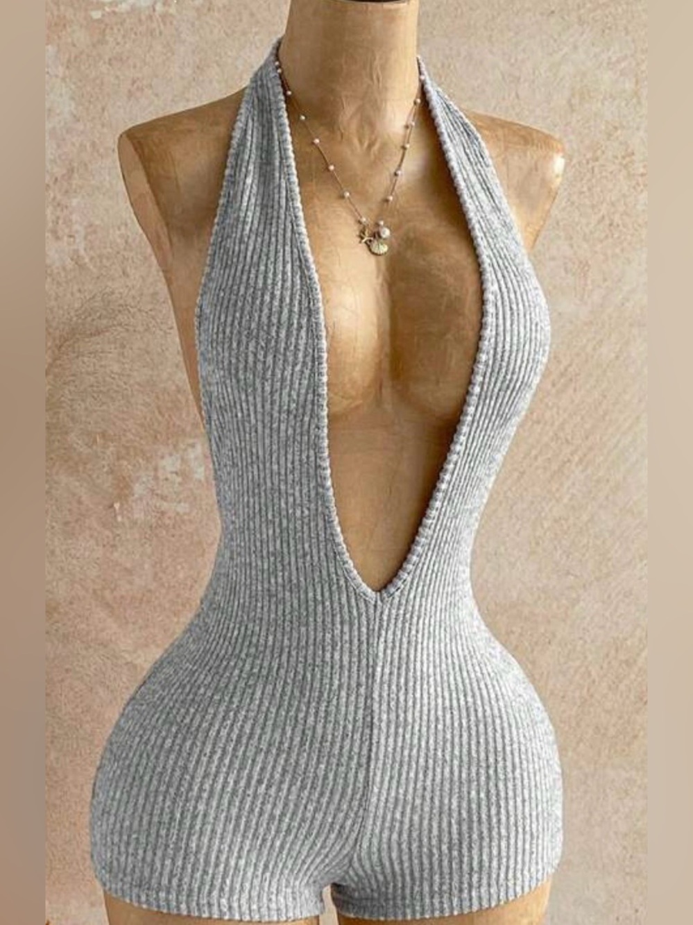 Plunging V-Neck Ribbed Knit Halter Dress in Light Gray